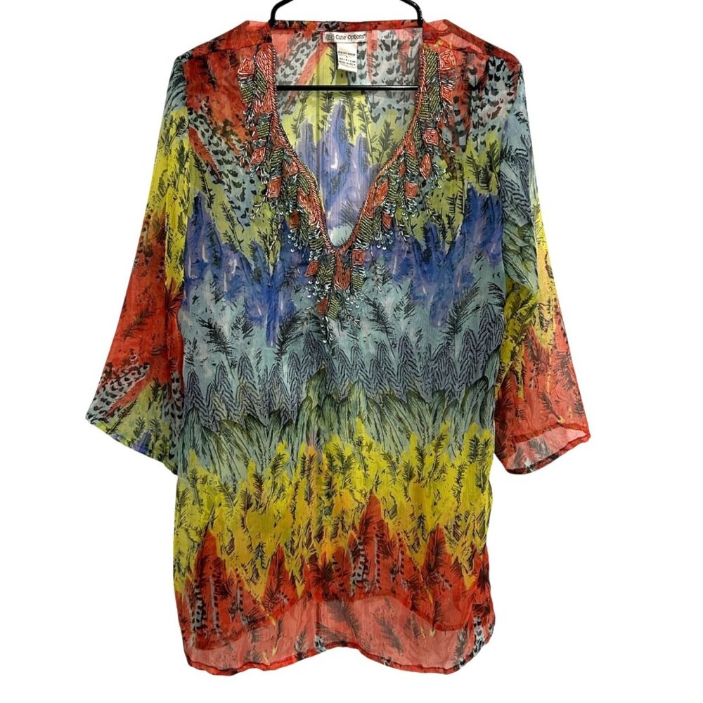 Cute Options Bohemian Multicolor Sheer Tunic Top Sz Large Embellished Beaded